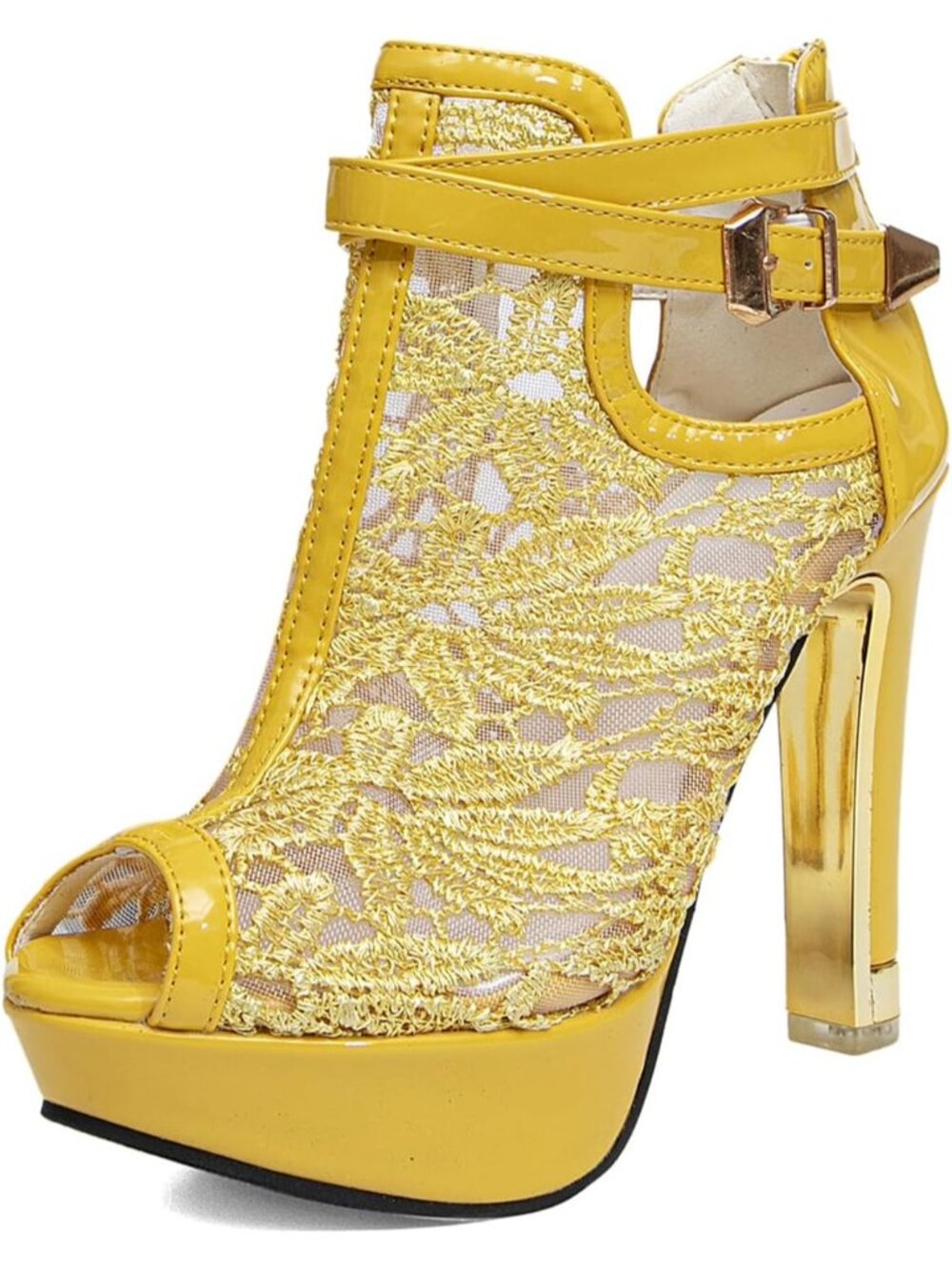 Women's Yellow Rubber Pretty Lace Flowers Open Toes High Heels Ankle Boots